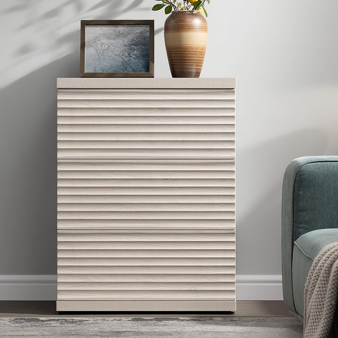 SICOTAS Sideboard Buffet Cabinet with Storage, Modern Fluted Accent Credenza with 3 Larger Drawers, Mid Century Media Console Table Coffee Bar Cabinet for Dining Room Hallway Kitchen, White Alder