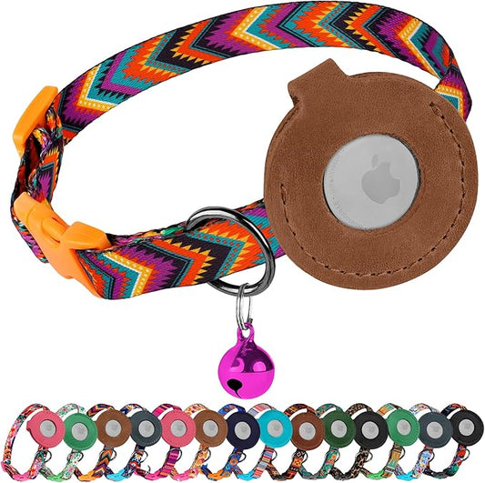 Airtag Cat Collar with Bell - Non Breakaway Soft Pet Collar with Leather Air Tag Holder - Adjustable GPS Anti-Lost Collars for Girl Boy Cats Kitten Puppies, Lightweight and Patterned (Arrows)