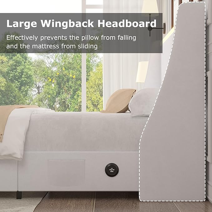 VECELO Full Size Bed Frame with Storage Drawers, Upholstered Platform Bedframe with Wingback Headboard, No Box Spring Needed, White