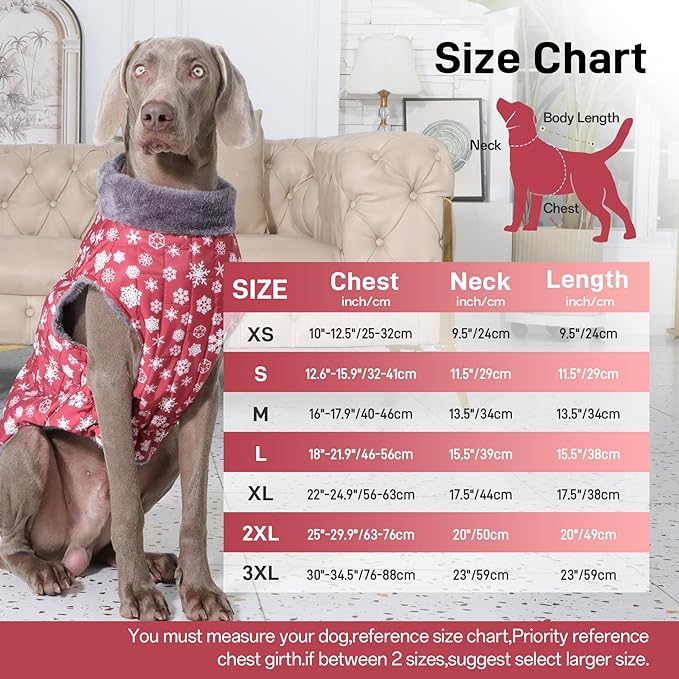 Warm Fleece Dog Coats with Durable Harness Buitl in D-Ring,Waterproof Doggie Jacket for Medium Dogs,Dog Vest for Cold Winter,Red,Snow Pattern XL