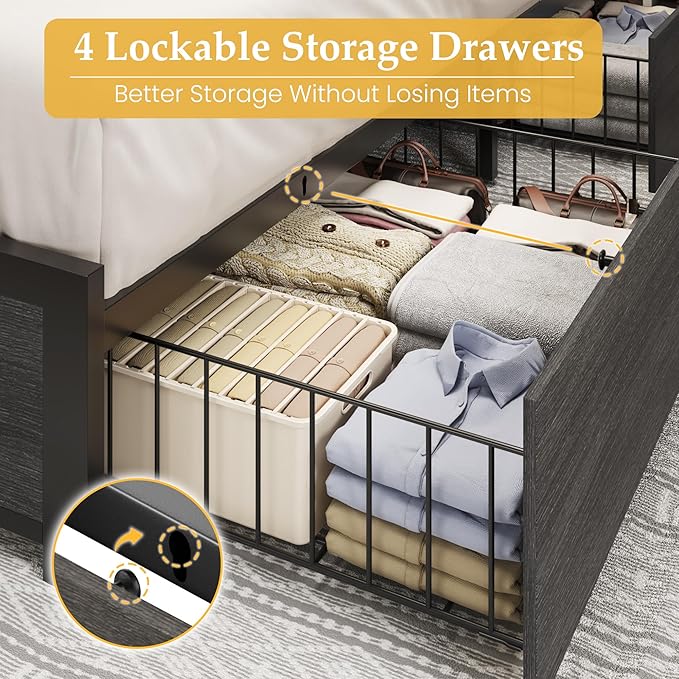 Lifezone King Bed Frame with 2-Tier Storage Headboard, Metal Platform Bed Frame with 4 Storage Drawers, Built in Charging Station & LED, Noise-Free/Metal Support/No Box Spring Needed, Rustic Grey