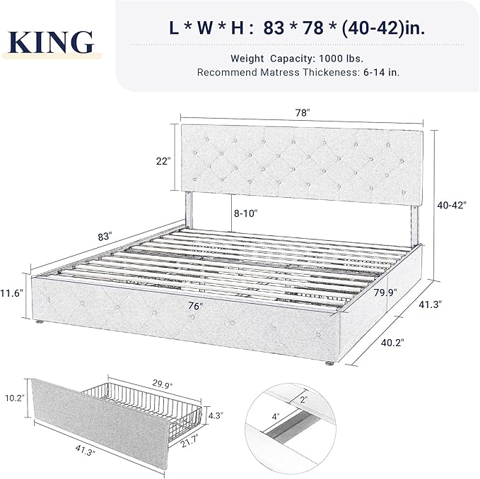 Allewie Upholstered King Size Platform Bed Frame with 4 Storage Drawers and Headboard, Diamond Stitched Button Tufted, Mattress Foundation with Wooden Slats Support, No Box Spring Needed, Light Grey