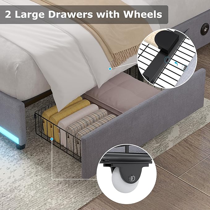 VECELO Full Size Bed Frame with Storage Drawers, Upholstered Platform Bedframe with Wingback Headboard, No Box Spring Needed, Light Grey