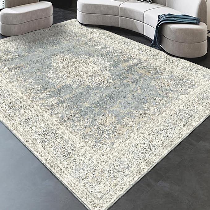 Area Rug 7x9, Washable Gray Vintage Rug, Traditional Floor Cover Thin Rug, Retro Indoor Distressed Non Slip Carpet, Floral Print Mat Living Room Bedroom (Grey/Light Camel, 7X9)