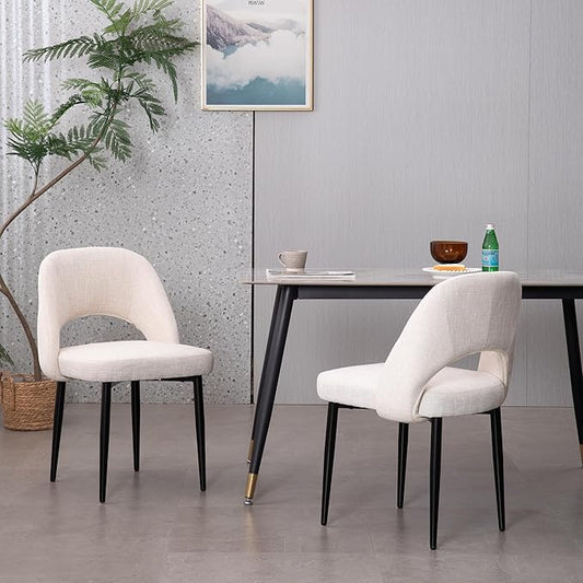 Modern Dining Chairs, Fabric Upholstered Accent Kitchen Chairs with Comfy Padded Seat & Sturdy Metal Legs, Side Farmhouse Chairs for Dining Room, Living Room, Restaurant (Beige, Set of 2)