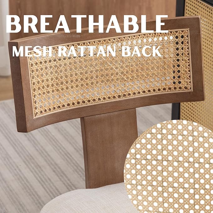 Rattan Dining Chairs Set of 6, Modern Dining Chair Kitchen Dining Room Chairs, Curved Cane Back Upholstered Linen Fabric Dining Chair with Wood Frame, Beige