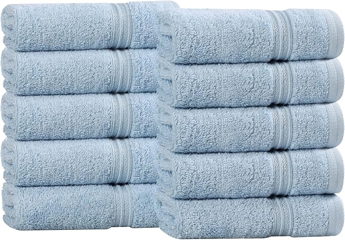 Superior Heritage Egyptian Cotton Face Towel Set, Small Towels For Kitchen, Home Bathroom, Guest Bath, Luxury Essentials, Plush, Absorbent Basics, Washcloths, Spa, Hotel, Resort, Set of 10, Light Blue