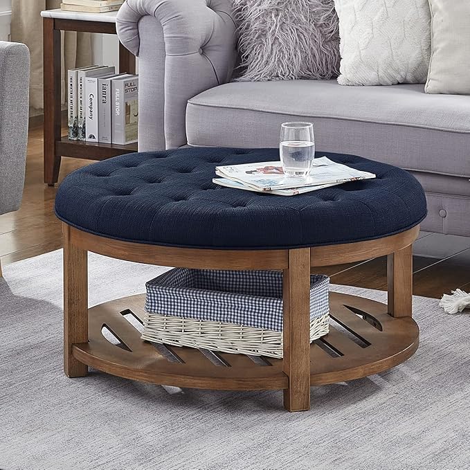 24KF Large Round Upholstered Tufted Linen Ottoman Coffee Table, Large Footrest Ottoman with Wood Shelf Storage- Navy Blue