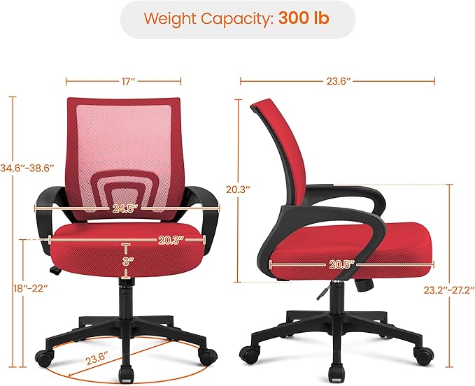 Yaheetech Red Modern Ergonomic Office Chair, Mid Back Mesh Task Chair with Lumbar Support, Adjustable Height, Rolling Swivel, 300lb Capacity