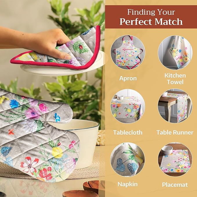 Maison d' Hermine Pot Holders Set 100% Cotton Heat Resistant Potholders 8" x 8" Hot Pads with Loop BBQ, Cooking, Grilling, Kitchen, Handling Hot Pans Spring/Summer (Pack of 2, Jardin D'Ete - Fog)