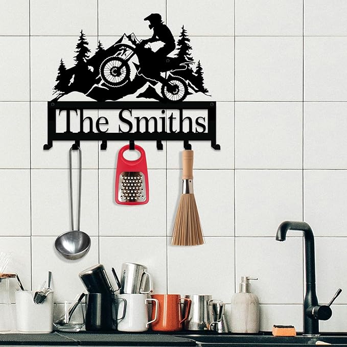 NIWAHO Personalized Dirt Bike Key Holder Wall Mount - Custom Metal Name Sign with Hooks for Garage, Motocross Room, or Entryway Decor