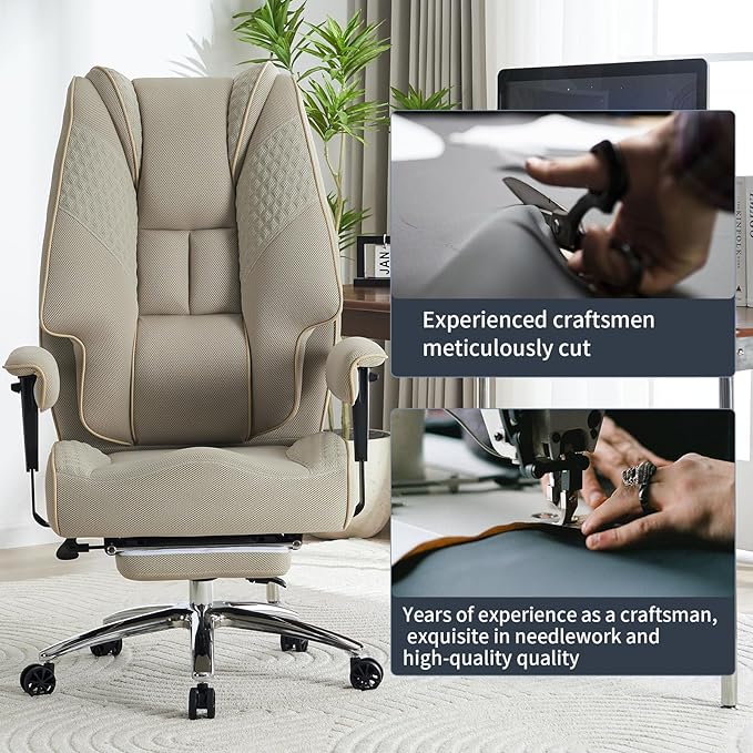 Big and Tall Office Chair 400lbs Wide Seat, Leather High Back Executive Office Chair with Lumbar Support, Ergonomic Chairs Padded Armrests & Thick Cushion (Mesh Beige)