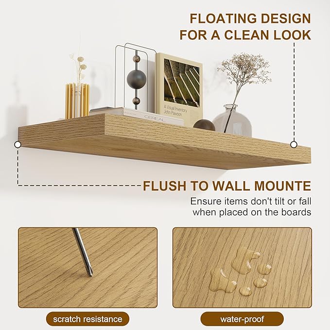 Floating Shelves for Wall, 22.5"W x 8"D Wall Shelf, Rustic Wood Floating Shelf 22.5 Inch Long, Bathroom Shelves Set of 2, 8 Inch Deep Floating Shelves for Living Room, Bedroom, Kitchen, Oak Color