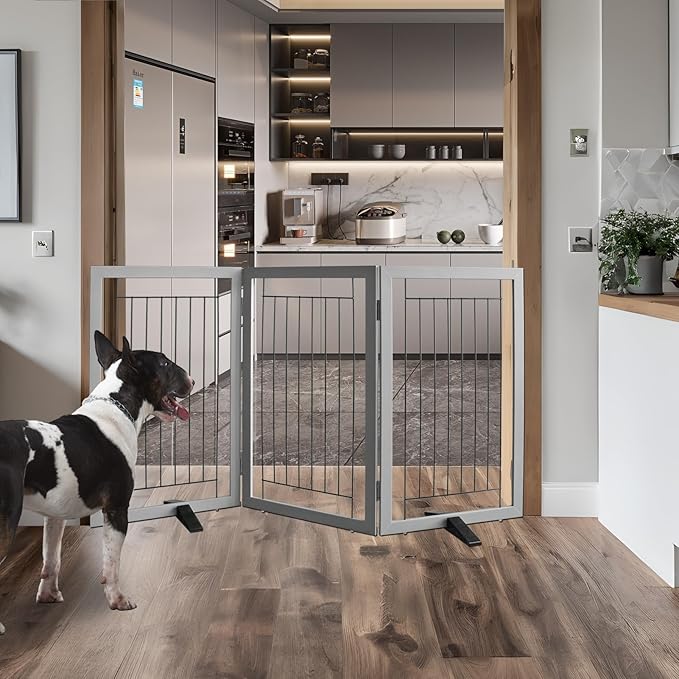 ZJSF Freestanding Dog Gate Indoor, Foldable Dog Fence for Doorways,Hallways or Stairs, Sturdy Wood Extra Wide Pet Gate with Support Feet,Grey,32 "Height-3 Panels