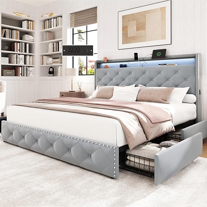 LARMACE Queen Size Bed Frame with Headboard Upholstered Tufted LED Platform Bed Frame Queen with 4 Storage Drawers&USB,Type-C Charging Station,Heavy Duty,No Box Spring Needed,Easy Assembly,Bluish Grey