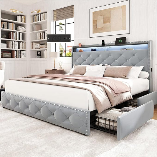 LARMACE Queen Size Bed Frame with Headboard Upholstered Tufted LED Platform Bed Frame Queen with 4 Storage Drawers&USB,Type-C Charging Station,Heavy Duty,No Box Spring Needed,Easy Assembly,Bluish Grey