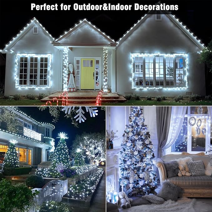 33ft 100 LED Christmas Lights Outdoor - 8 Modes Christmas String Lights Clear Wire Waterproof Plug in Twinkle Fairy String Lights for Indoor Outdoor Home Party Garden Decoration, Cool White