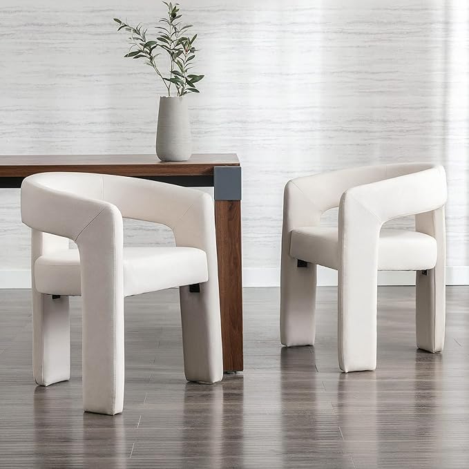 Modern Barrel Dining Chairs Set of 2, Linen Upholstered Accent Side Chair with Arms Comfy Makeup Vanity Chairs, Dining Living Room Kitchen Chairs, Beige