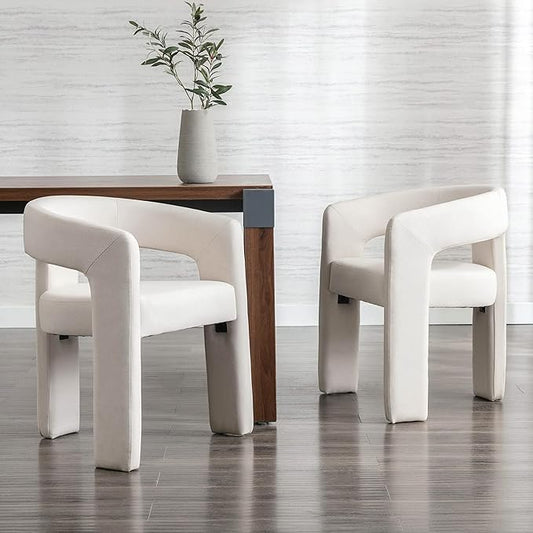 Modern Barrel Dining Chairs Set of 2, Linen Upholstered Accent Side Chair with Arms Comfy Makeup Vanity Chairs, Dining Living Room Kitchen Chairs, Beige