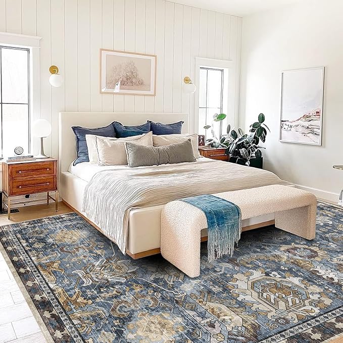 RUGSURE Washable Area Rugs - Perfect for Living Room, Bedroom, Kids Room, Nursery - Stain & Water Resistant Non-Slip, Pet & Child Friendly, Vintage Tribal Area Rugs (Navy, 3' x 5 ')