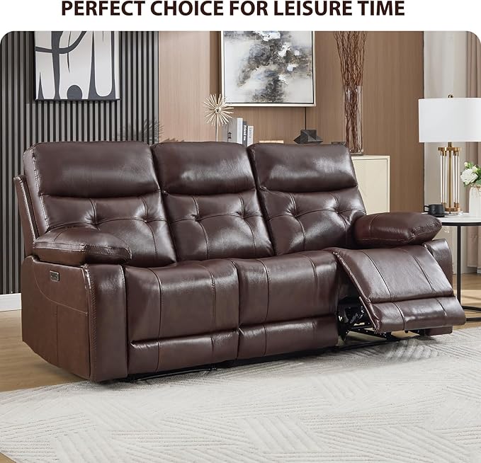 CANMOV Genuine Leather Power Recliner Sofa,3 Seater Reclining Sofa with Comfortable Arms and Back,Modern Electric Recliner Couch Set with Hidden Cup Holders,USB Port for Living Room,Dark Brown