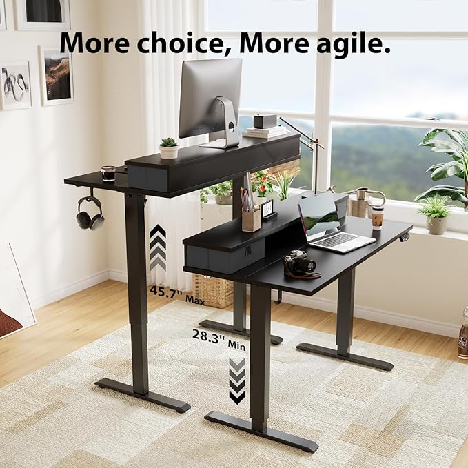 Agilestic 55 x 24 Inches Electric Standing Desk with 2 Storage Drawers, Stand Up Desk Adjustable Height, Sit and Stand Computer Table with Splice Board, Black