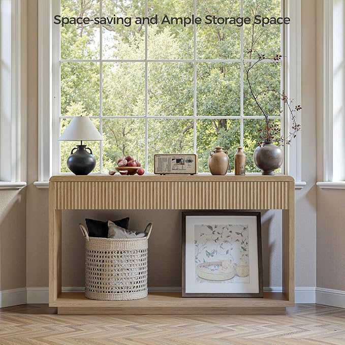 Evermagin 59'' Oak Entryway Table with Drawers, Boho Fluted Console Table, Sofa Table with Storage for Living Room, Entrance, Hallway