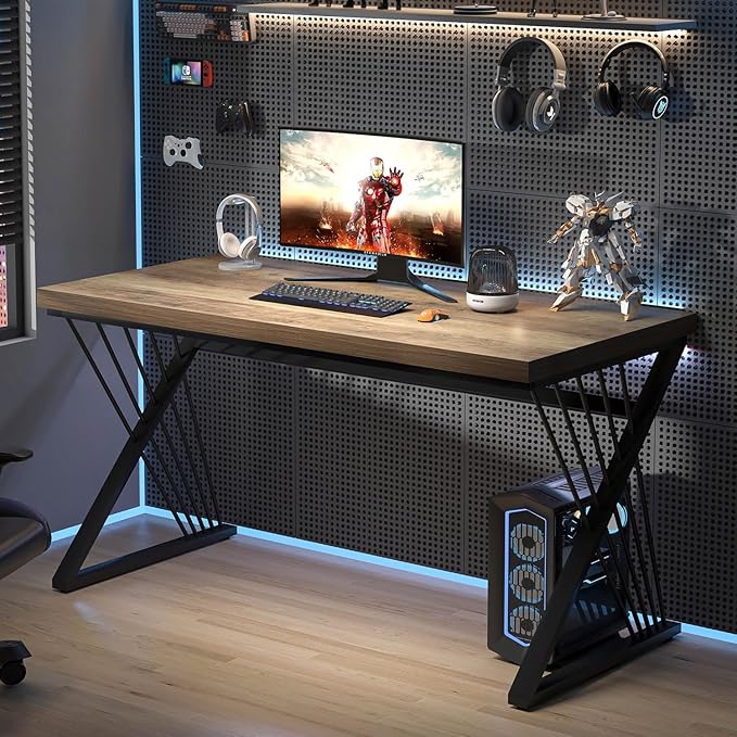 FOLUBAN Computer Desk, Modern Home Office Desk, Industrial Wood and Metal Study Writing Work PC Table for Bedroom Living Room, Rustic Oak, 47 Inch