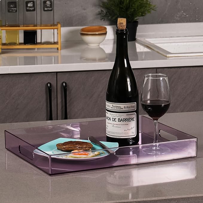 Sooyee Violet Clear Acrylic Serving Tray with Handles,16" x 12" Decorative Tray for Breakfast, Tea, Food, Butler,Coffee,Table Ottoman Vanity Countertop