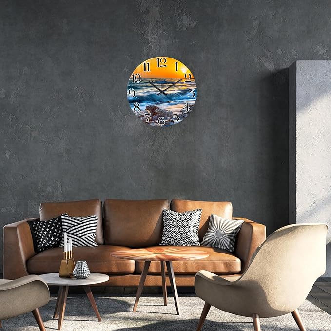 Blue Wall Clocks Battery Operated 14 Inch Beach Wall Clock for Bedroom Glass Wall Clock Silent Non Ticking