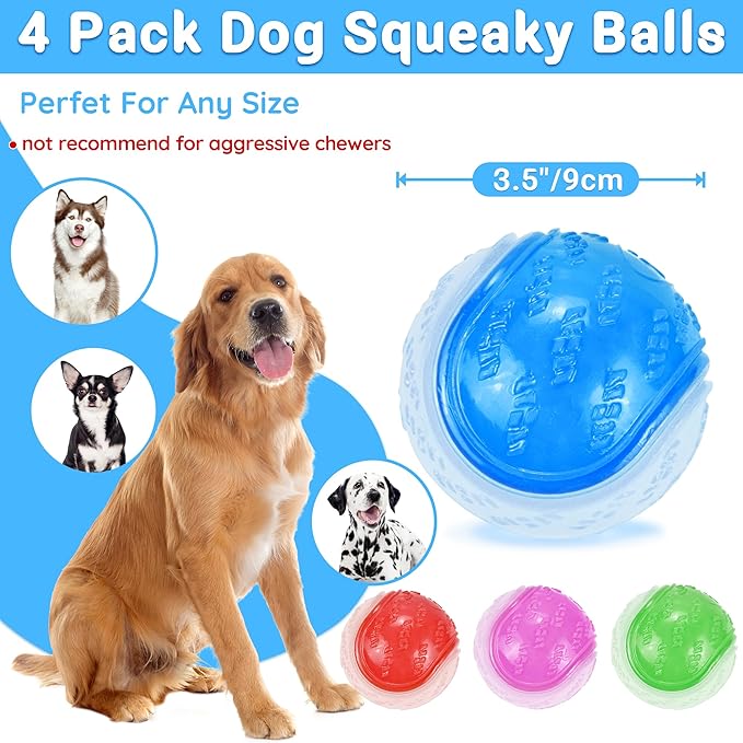 Glow Dog Ball, 3.5” Squeaky Dog Toy Ball, Dog Rubber Ball Toys for Small and Medium Large Dogs, Durable Dog Fetch Toys Puppy Chew Toys Pack of 4