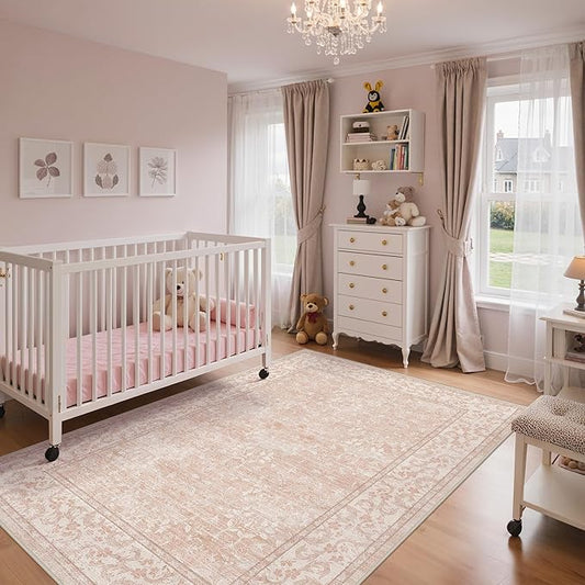 GENIMO 5x7 Washable Area Rug, Non-Slip Vintage Boho Floral Carpet, Soft Low-Pile Thin Bedroom Rug for Living Room, Dining Room, Nursery, Pink White