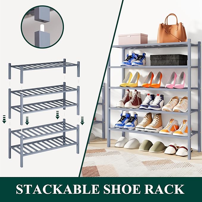 Smiry Shoe Rack, 3 Tier Bamboo Shoe Organizer, Stackable Free Standing Wooden Shoe Storage Shelf for Closet, Entryway, Front Door Entrance, Grey