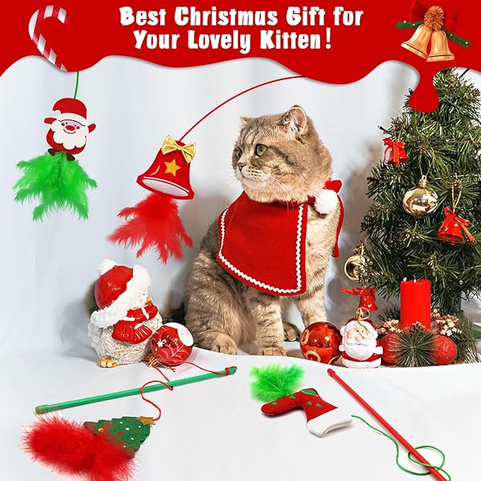 Cat Wand Toys - 4 Pack Wand Toys for Indoor Cats, Catnip and Feather Cat Gifts for Christmas Kitten