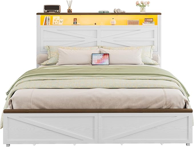IRONCK Farmhouse Full Size Bed Frame with LED Light and Charging Station, Wood Bed Frame with Storage Headboard and 2 Drawers， Barn Door Design, Sturdy and Noiseless, White
