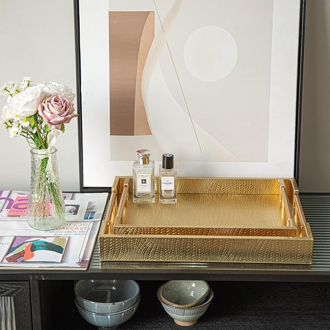 2 Piece Woven Leather Ottoman Tray with Gold Handles, Perfect Rectangular Serving Tray for Living Room, Coffee Table Home Decor Enthusiasts (Golden)