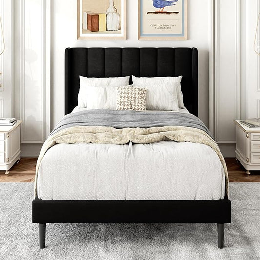 Twin Size Bed Frame with Upholstered Wingback Headboard, Easy Assemnly Platform Bed, Wooden Slat Support No Box Spring Needed, Black