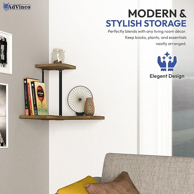 Rustic Brown Floating Shelves Set of 2 with Corner Shelf – Wood Wall Mounted Shelves for Kitchen, Bathroom, Living Room & Office Decor – Heavy Duty Storage Display, Easy Installation Included