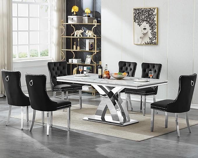 Modern White Marble Dining Table Set for 6,7-Piece Kitchen Table and Chairs for 6,Luxury Silver Dining Room Table Set w/68" Rectangle Dinner Table & 6 Black Velvet Chairs for Kitchen Dining Room