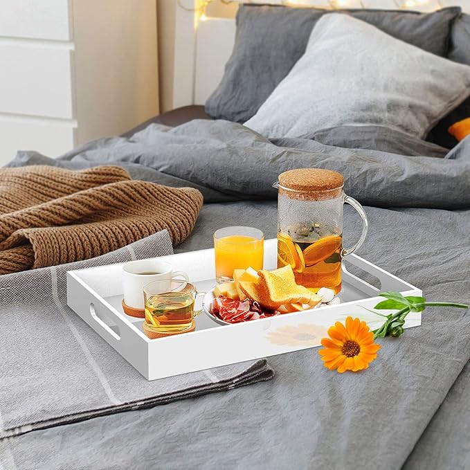 Acrylic Serving Trays with Handles, 16"x 12" Rectangle Sturdy Breakfast Tray, White Decorative Trays Organiser for Bedroom, Kitchen, Living Room, Bathroom, Hospital and Outdoors
