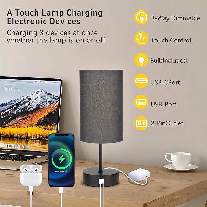 Bedside Table Lamp for Bedroom - 3 Way Dimmable Touch Lamp USB C Charging Ports and AC Outlet, Black Base Round Flaxen Fabric Shade for Living Room, Desk, LED Bulb Included(Black)