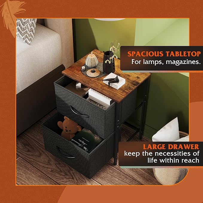 WLIVE Nightstand, 2 Drawer Dresser for Bedroom, Small Dresser with 2 Drawers, Bedside Furniture, Night Stand, End Table with Fabric Bins for Bedroom, Closet, Entryway, Black and Rustic Brown