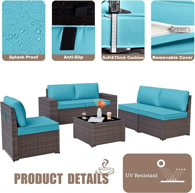 Kurapika 9 Pieces Patio Furniture Set, Rattan Sofa Set, Outdoor Conversation Sets w/Swivel Rocking Chairs Patio Sectional Sofa w/4 Inch Cushion, Blue