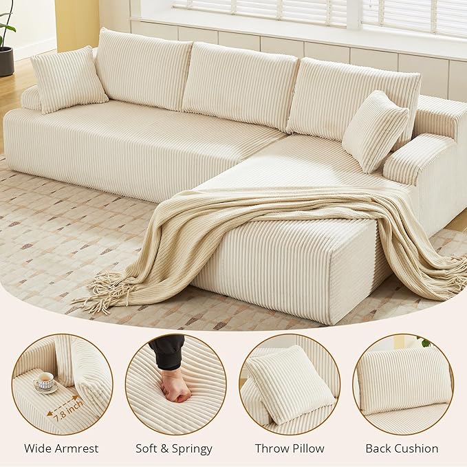 Sectional Cloud Couch for Living Room L Shaped Couch with 3 Seat Ind. Chaise Longue Corduroy Fabric Boneless Modular Modern Sofa with Pillows for Apartment and Small Space White