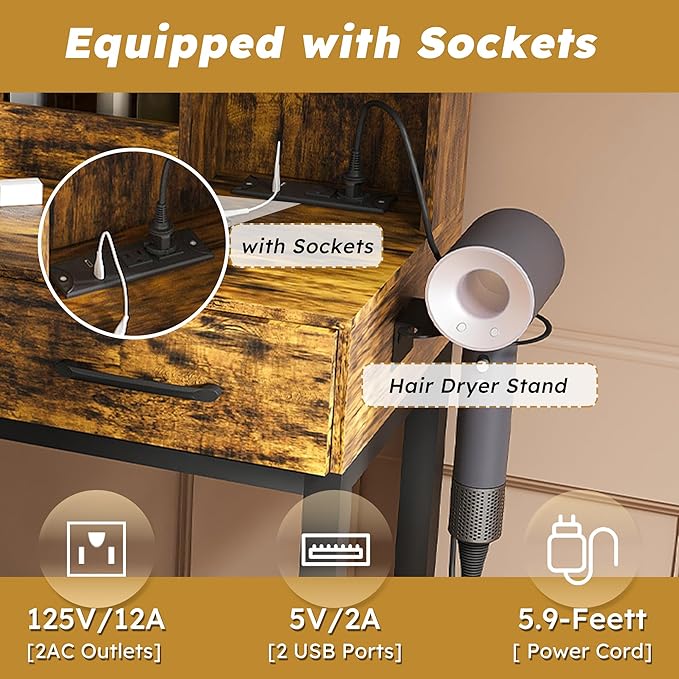 Ball & Cast Vanity Desk with Mirror & Power Outlet,3 Dimmable Colors Light Small Makeup Vanity Table Set with 2 Large Drawers & Chair,Adjustable Brightness Dressing Table for Women Girls Bedroom