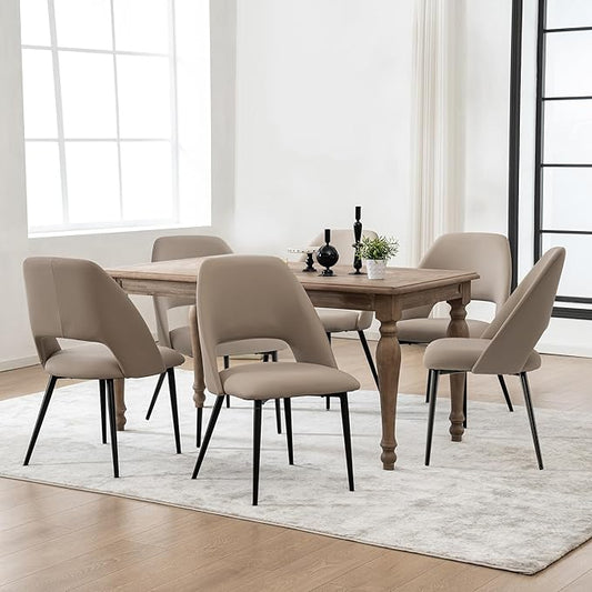 Rowill Dining Chairs Set of 6, Mordern Upholstered Faux Leather Dining Room Chairs, Kitchen Side Chairs with Metal Legs for Guest Reception Waiting Living Room, Khaki