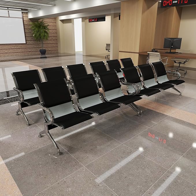 Kinfant 3-Seat Waiting Room Bench Set- PU Leather Office Chair Guest Reception Waiting Room Chair for Airport, Hospital, Bank, Salon, Barbershop, Black(Set of 4)