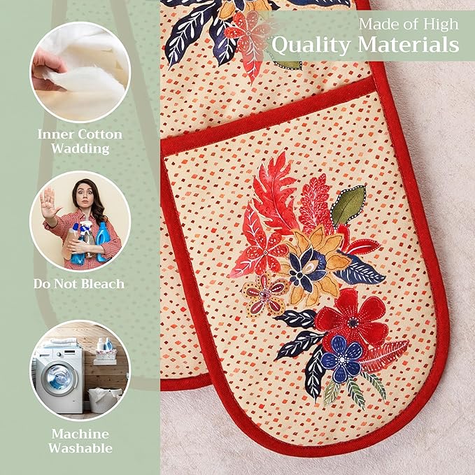 Maison d' Hermine Double Oven Mitt (7" x 35") 100% Cotton Heat Resistant BBQ Cooking Gloves with Loop for Thanksgiving Christmas Decorations Baking Cooking Barbeque Handling Hot Pan (Kalahari)