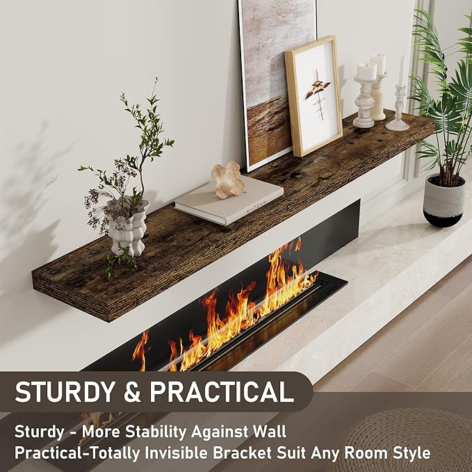 Fun Memories 55 Inch Long Floating Shelves for Wall, 8" Deep Floating Shelves for Bathroom Living Room Bedroom, Rustic Wall Mounted Shelf with Invisible Heavy-Duty Bracket, Set of 2, Rustic Brown