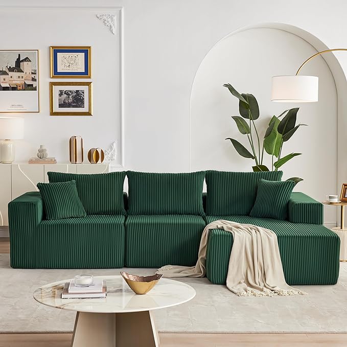 108” Modular Sectional Sofa, Cloud Sectional Couch with Deep Seat, Modern Modular L-Shape Sofa with Chaise,Upholstered Boneless Couches for Living Room Bedroom (Corduroy, Green)